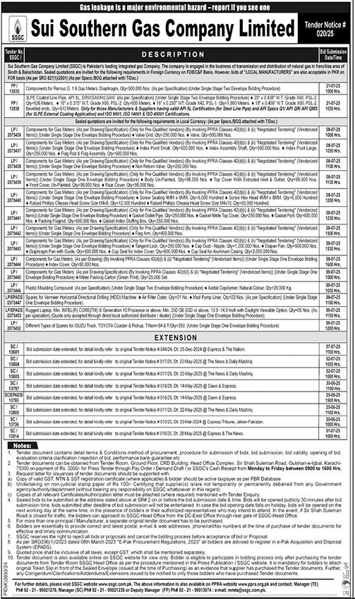 Sui Souther Gas Company Limited Tender Notice